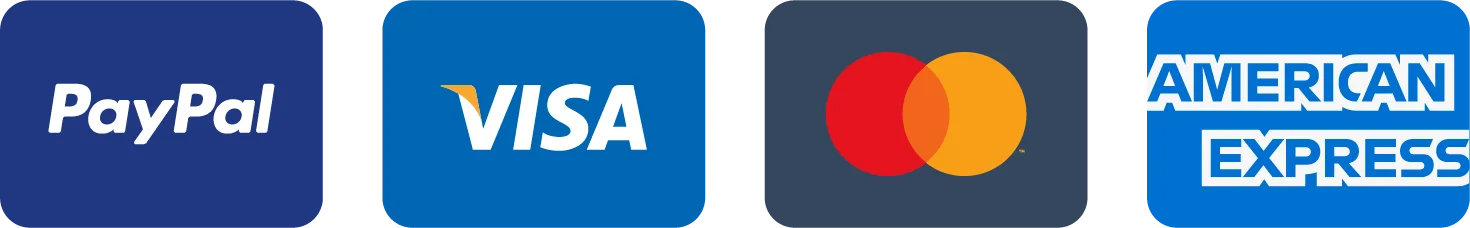 Métodos de pago: PayPal, Visa, Mastercard, American Express