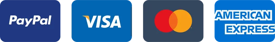 Métodos de pagamento: PayPal, Visa, Mastercard, American Express